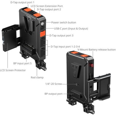 SmallRig 5881 - inteligentny adapter zasilania z płytką montażową do akumulatorów V-Mount (wersja z mocowaniem na 2x pręt 15mm) - szczegóły